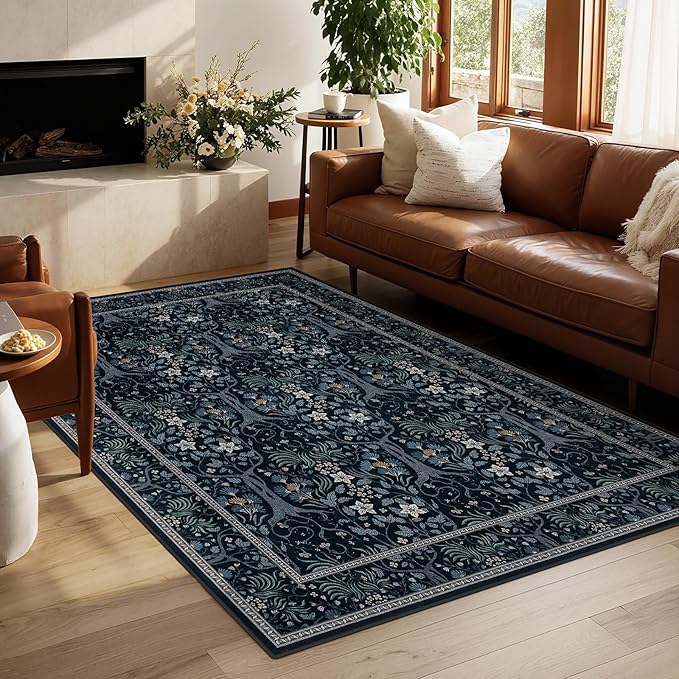 Joydeco Washable Black 4x6 Area Rugs for Living Room Bedroom, Boho Floral Vintage Rug Non Slip Stain Resistant Indoor Floor Dining Room Throw Carpet for Office Entrance Kitchen