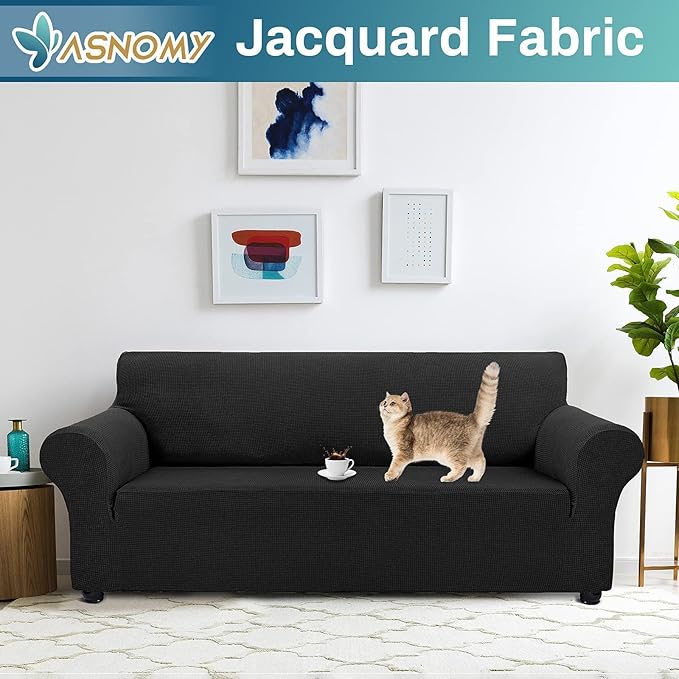 Asnomy Couch Covers for 3 Cushion Couch Sofa Pet Friendly, 3 Seater Sofa Cover Washable Slipcovers Protector Furniture Covers for Dogs Spandex Jacquard Fabric Small Checks???Large???Black???