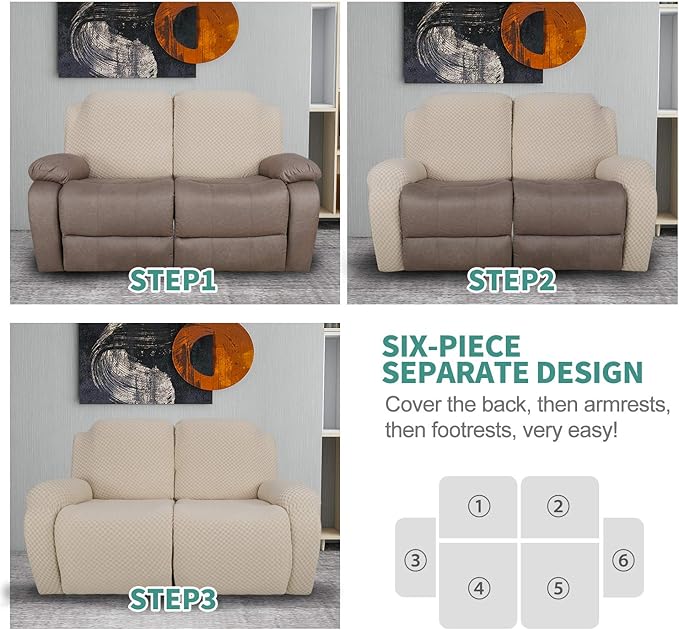 YEMYHOM 6 Pieces Stretch Loveseat Recliner Slipcover Jacquard Recliner Sofa Cover with Side Pocket Fitted Recliner Cover Couch Furniture Protector with Elastic Bottom (Loveseat Recliner, Beige)