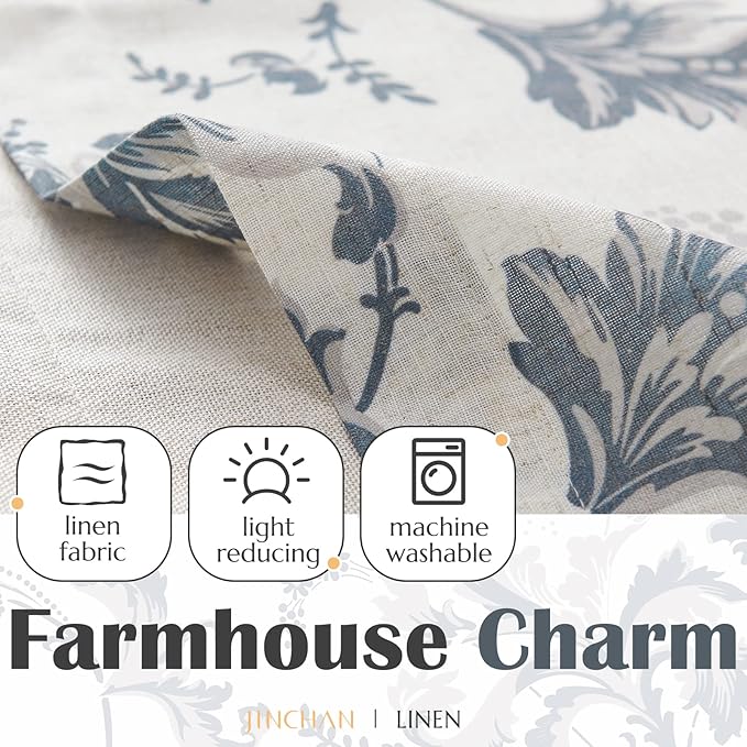 jinchan Linen Valance Curtain Farmhouse Window Decor Floral Print for Kitchen Living Room Double Layer Blackout Valance 16 Inches Rustic Window Treatment 1 Panel Rod Pocket Blue on Beige