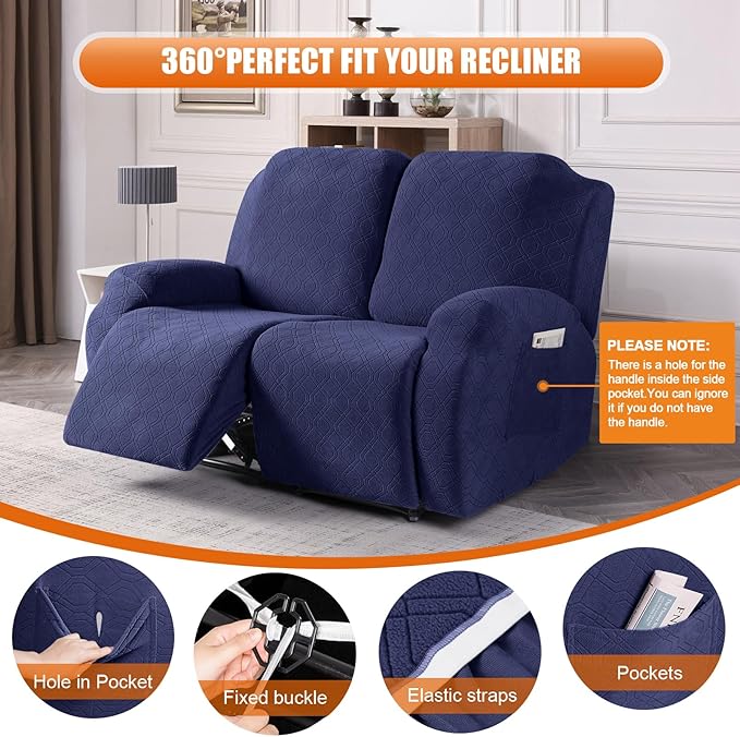 VANSOFY Recliner Cover, 2-Pieces Stretch Reclining Couch Cover with Pockets Loveseat Sofa Slipcovers Soft Washable Furniture Protector for Dogs(Navy Blue)