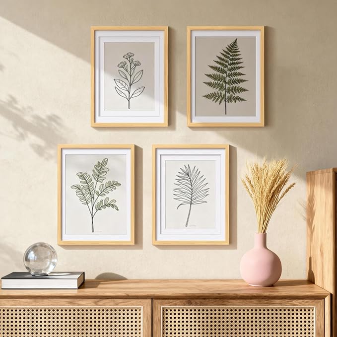 Egofine 12x16 Picture Frames Natural Wood Set of 2, Solid Wood Frames Covered by plexiglass, Display photos 9x12/11x14 with Mat or 12x16 without mat, for Wall Mounting