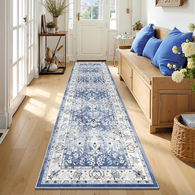 LOKHOM Washable Runner Rug, 2x8 Non-Slip Vintage Hallway Runner Rug with Rubber Backing, Boho Floral Soft Faux Wool Kitchen Rug Carpet Runner for Laundry Entryway Bedroom (Sky Blue)