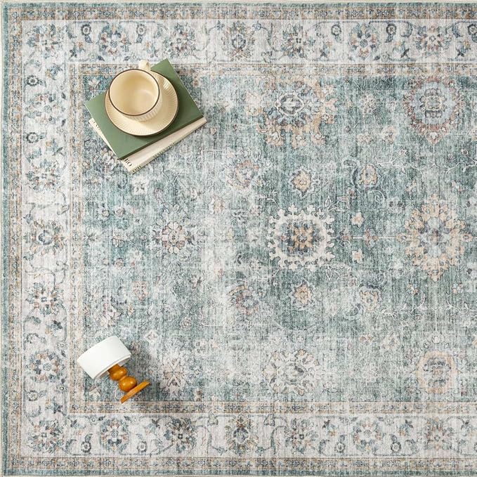 8x10 Washable Area Rug for Living Room Bedroom Teal Blue Vintage Large Distressed Rustic Low Pile Carpet Non-Slip Soft Throw Rug for Indoor Dining Room