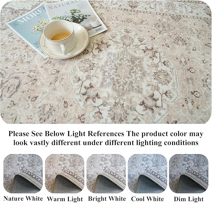 4x5 Living Room Area Rugs: Washable Farmhouse Bedside Rugs Non Slip Low Pile Vintage Small Carpet for Kitchen Bedroom Non-Shedding Printed Floor Mat for Nursery Room Office Dining Room(4x5,Beige)