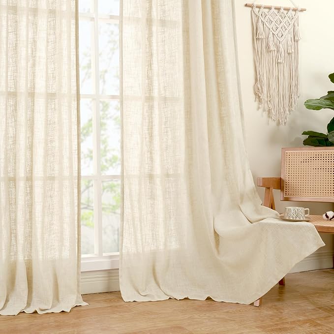 LAMIT Faux Linen Curtains 63 inches Long for Bedroom, Back Tab and Rod Pocket Linen Drapes Light Filtering Sheer Window Curtains for Living Room, Set of 2 Panels (52 x 63 Inch, Beige)