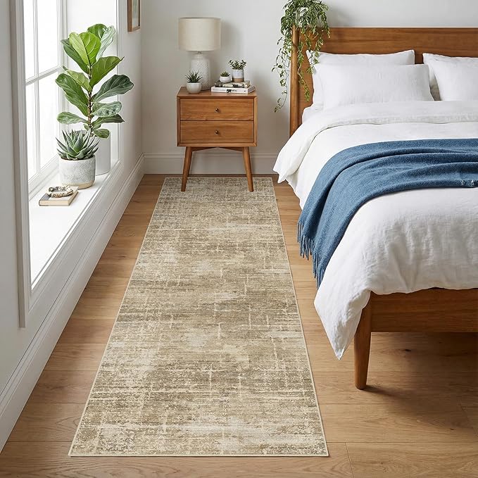 2x8 Washable Kitchen Runner Rug - Modern Abstract Neutral Carpet with Non-Slip Backing Low-Pile Stain-Resistant Thin Runners for Hallway Bathroom Bedroom Entryway (2x8,Tan/Brown)