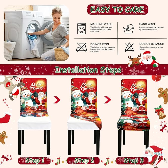 Christmas Chair Covers, Stretch Dining Room Chair Covers Set of 8, Christmas Decoration/Home Decor Chair Protector Slipcovers