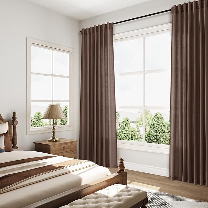 Nanspring Cappuccino Linen Blend Light Filtering Back Tab Curtains 96 Inches Long, Semi Sheer Privacy Drapes for Living Room & Bedroom, 52x96 inch, 2 Panels