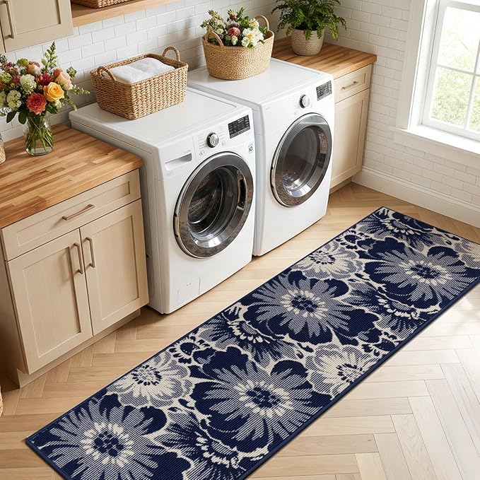 Findosom Hallway Runner Rug 2x8, Non Slip High-Low Textured Floral Washable Runner Rug with Rubber Backing, Boho Carpet Runner for Kitchen, Entryway, Bedroom, Laundry, Navy