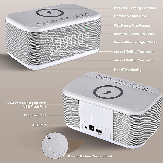Alarm Clock Speaker Wireless Charger, Digital Alarm Clocks Bedrooms Bluetooth, Alarm Clock Dimmable Light Bedrooms Dual Alarm Snooze Dimmer 12 24H RGB Night Light Bluetooth USB AUX, Gray - Image 8