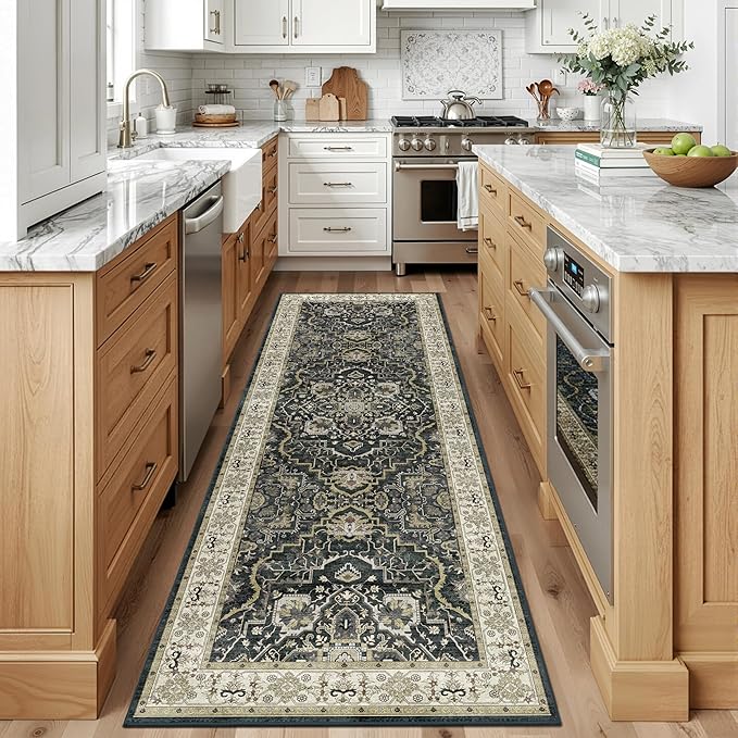 Washable Hallway Runner Rug - 3x8 Kitchen Rug Distressed Low Pile Mats Non Slip Soft Rugs for Dining Room with Rubber Backing Bedroom Runner with Vintage Design (Black 3x8)