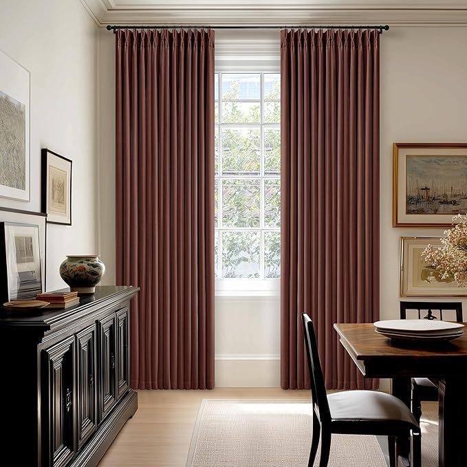 Reddish Brown Linen Blackout Pleated Curtains 90 Inches Long for Living Room Darkening Pinch Pleat 100% Black Out Drapes Thermal Insulated Soundproof Rust Brown 90 Inch Curtain for Dining Bedroom
