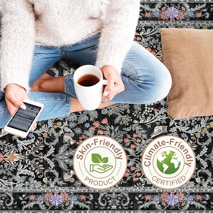 3x10 Botanical Hallway Runner Rug - Non-Slip Washable Long Kitchen Entryway Carpet Runner with Rubber Backing, Boho Floral Soft Low Pile Stain-Resistant (Vibrant Black)