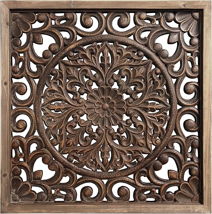 XIAOAIKA Boho Carved Wood Wall Sculpture, Intricate Floral Mandala Design with Distressed Brown Finish, Vintage Farmhouse Wall Art Panel with Solid Wood Frame for Bedroom Entryway (22.5" x 22.5")