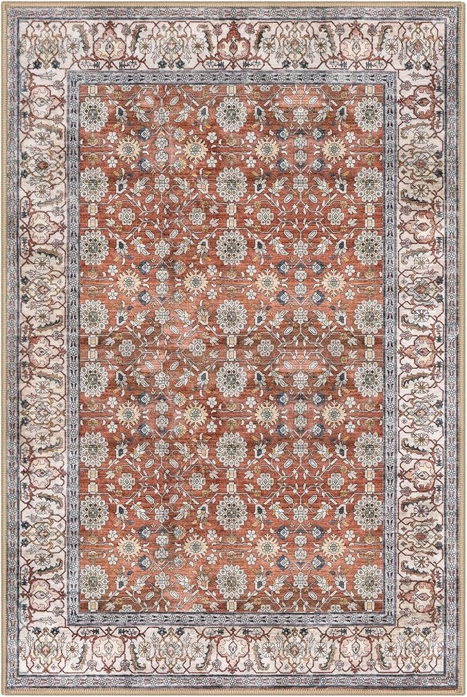 KUTA Vintage Floral 6x9 Area Rugs, Washable Rugs for Living Room Non Slip, Red Clay Ultra Thin Soft Print Distressed Flower Low-Pile Traditional Carpet for Bedroom Dining Room Dorm Office