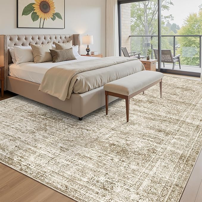 Soalmost Washable Area Rug 8x10, Large Soft Rugs for Living Room Vintage Area Rugs for Bedroom Dining Room Non-Slip Stain Resistant Brown Under Table Rug