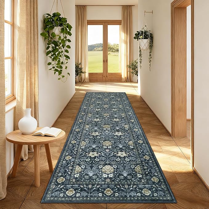 GarveeHome Washable Runner Rug 2x6, Non Slip Floral Kitchen Runner for Hallway Entryway Laundry Bathroom Mat Farmhouse Thin Stain Resistant Carpet for Bedroom Beside Rug