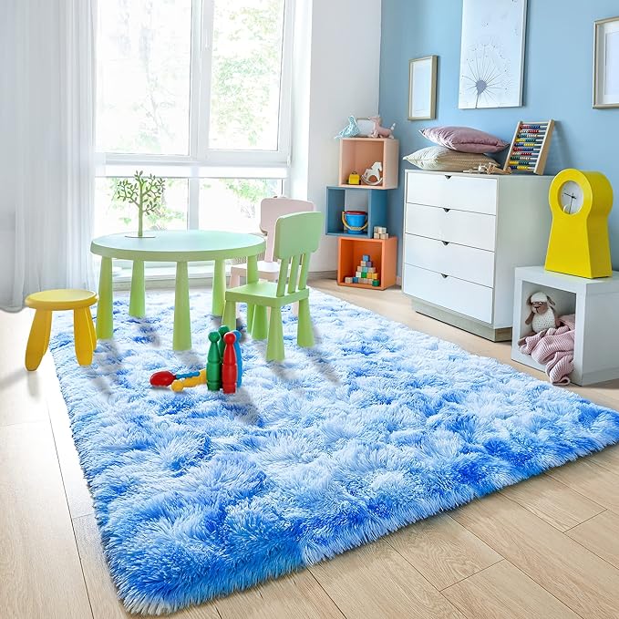 Noahas 4x6 Fluffy Kids Rugs for Room,Soft Blue Tie-Dyed Rainbow Rug for Girls Bedroom,Soft Colorful Playroom Shag Nursery Carpets Room Decor