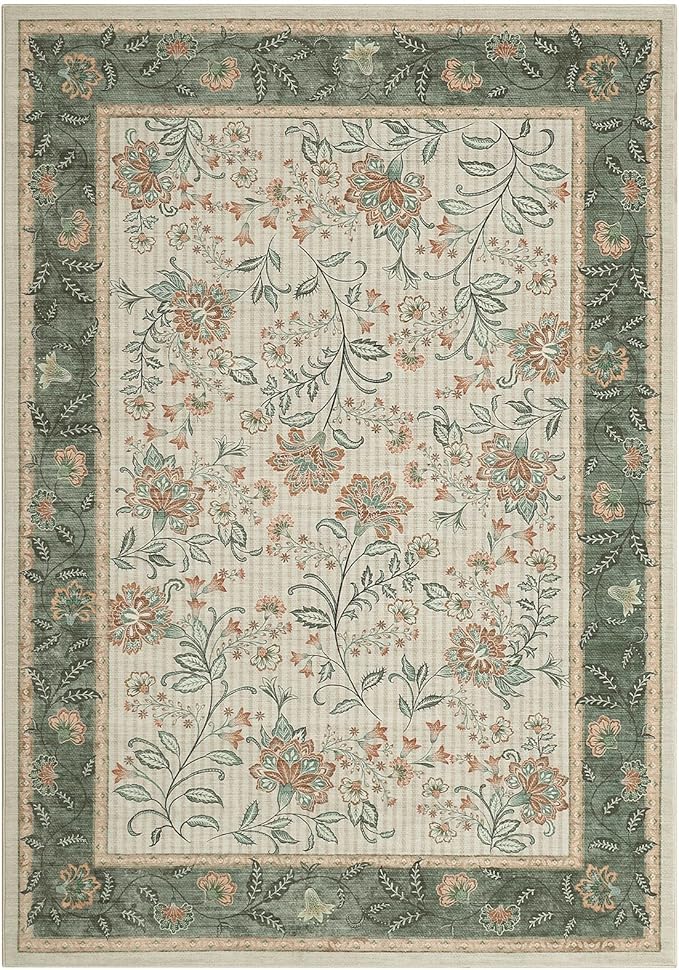 GarveeHome Area Rugs 8x10 for Living Room, Sage Green Botanical Floral Print Washable Rug Soft Non Slip Floor Mat Carpet Indoor Thin Cottage core Rug for Bedroom Dining Room Playroom Nursery Room