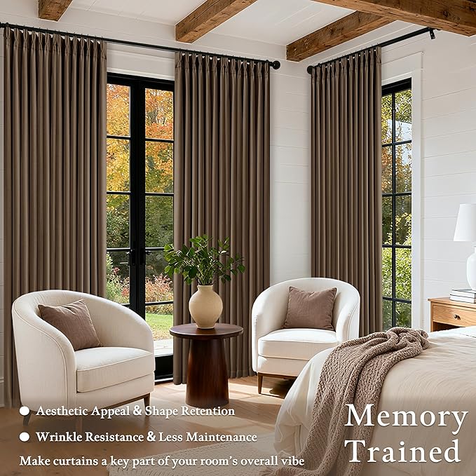 Latte 96 Inch Pinch Pleated Blackout Linen Curtains for Bedroom Living Room 2 Panels Set Memory Trained 100% Black Out Soundproof Room Darkening Window Curtains Double Layer Pinch Pleat Drapes