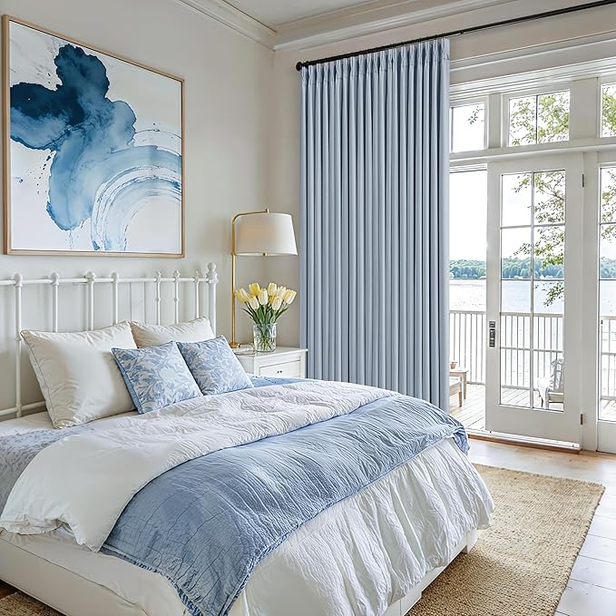 Light Blue Linen Blackout Pleated 105 Inch Curtains for Living Room Darkening Pinch Pleat 100% Black Out Drapes Thermal Insulated Soundproof 105 Inch Curtain with Liner for Dining Kids Girls Bedroom