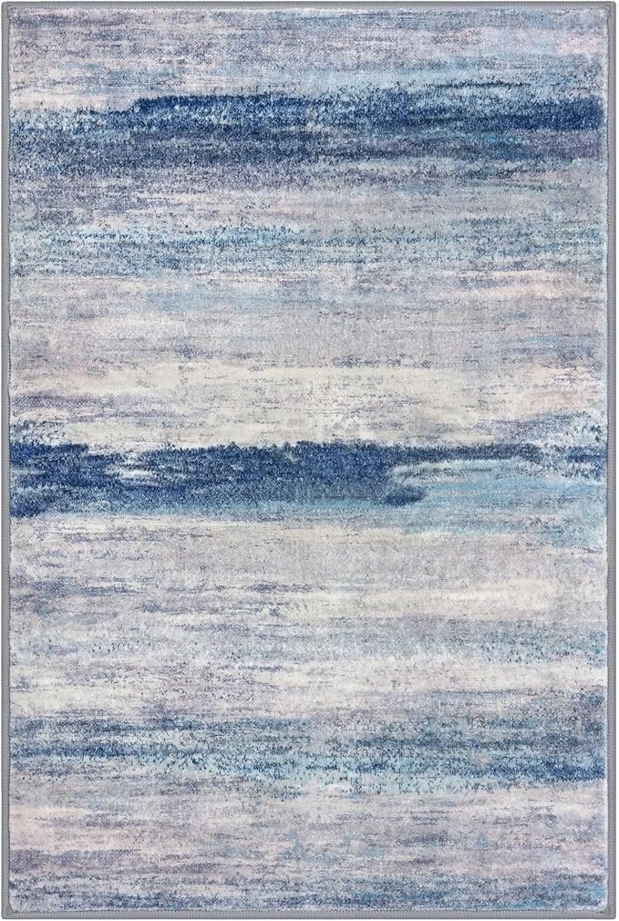 KOZYFLY Washable Area Rug 5x7 Modern Ombre Thin Rugs for Living Room Non-Slip Soft Striped Area Rug for Bedroom, Print Blue/Grey/Beige Abstract Carpet for Kid Room