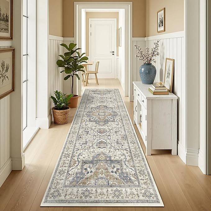 3x10 Non Slip Hallway Runner Rug - Washable Vintage Distressed Kitchen Carpet, Ultra-Thin Soft Low Pile Entryway Mat with Rubber Backing for Bedroom Living Room (Beige/Blue)