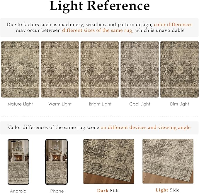 9x12 Brown Vintage Area Rug for Living Room Bedroom Large Distressed Rustic Carpet Non-Slip Low Pile Soft Washable Throw Rug for Indoor Dining Room