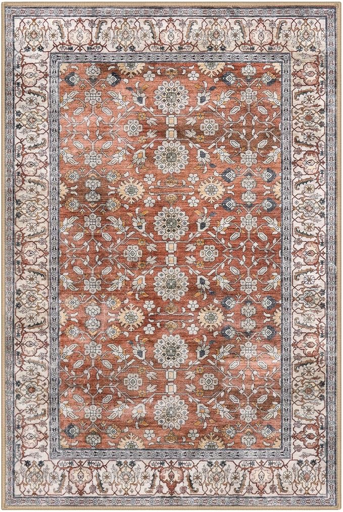 KUTA 3x5 Rugs for Entryway, Vintage Floral Area Rug Washable Non-Slip Red Clay Ultra Thin Soft Printed Distressed Entry Low-Pile Throw Carpet for Bedroom Nursery Living Room