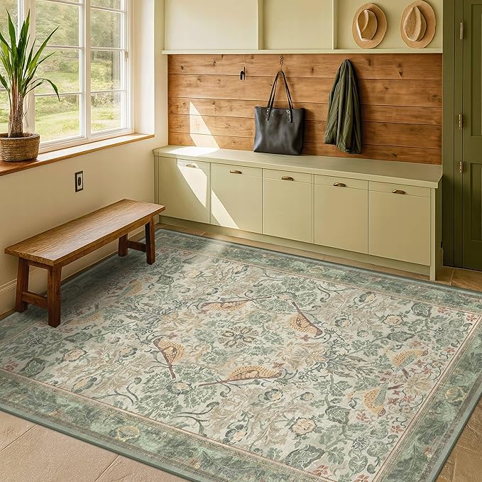 Hazo Haus Washable Sage Green Area Rugs 5x7 for Living Room, Bedroom Bedside, Dining Room, Office, Muted Cream Green Non Slip Stain Resistant Low Pile Botanical Floral Bird French Country Decor