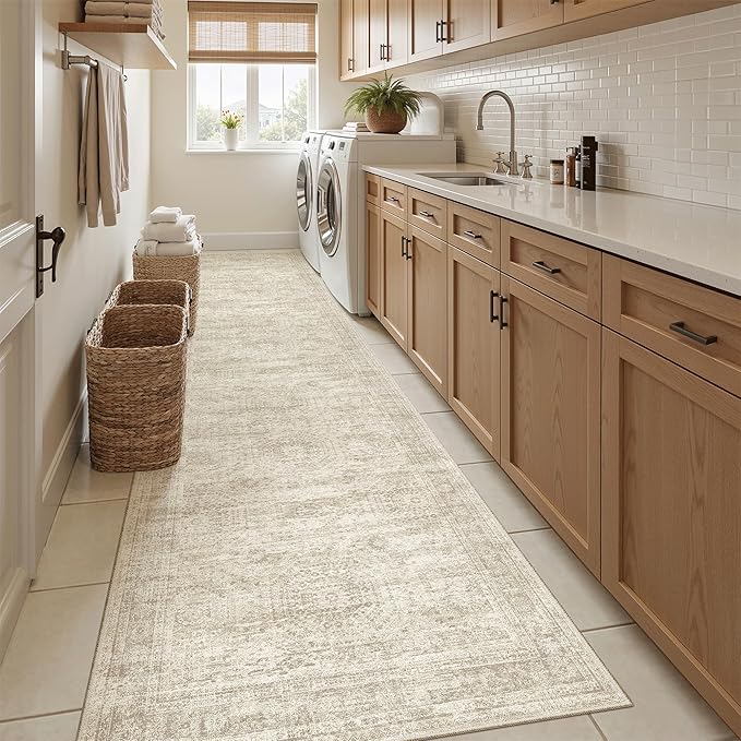 Soalmost Runner Rug 2'6" x 10' Washable Non-Slip Runner Rugs for Kitchen Bathroom Laundry Room Vintage Ultra Thin Runners for Hallway Entryway Beige