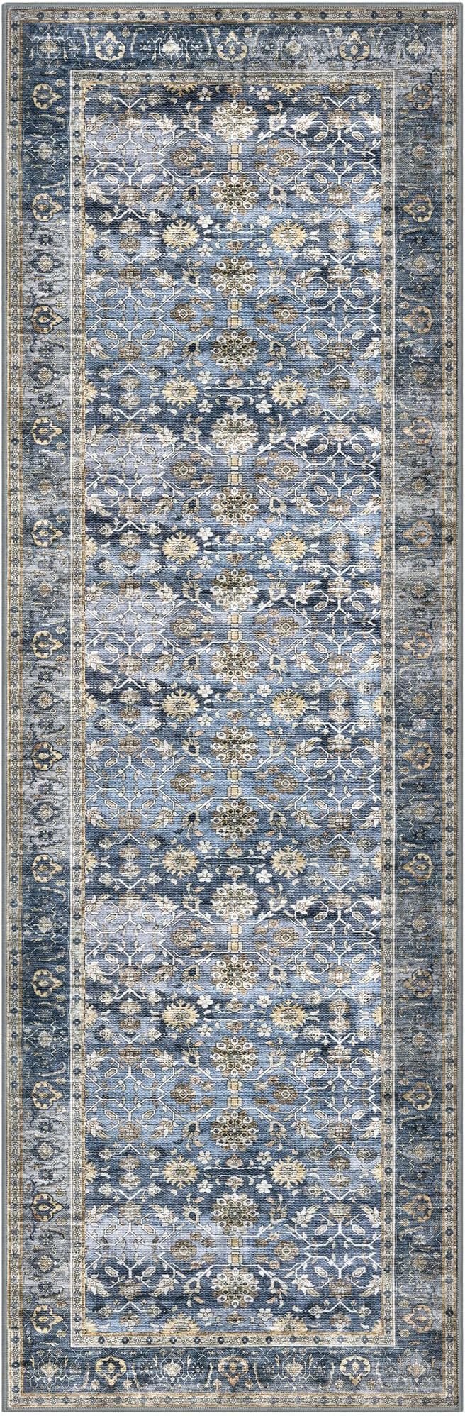 KUTA Vintage Washable Runner Rug, 2.6x8 Blue Grey Beige Runners for Hallways Non-Slip Kitchen Rugs Ultra Thin Soft Printed Distressed Oriental Floor Carpet for Laundry Bedroom Living Room Nursery