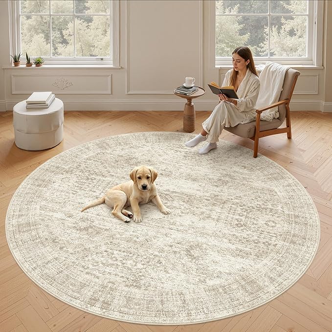 Soalmost 8x8 Beige Round Rug 8ft Living Room Circle Rug Vintage Round Area Rug Non Slip Indoor Carpet for Apartment