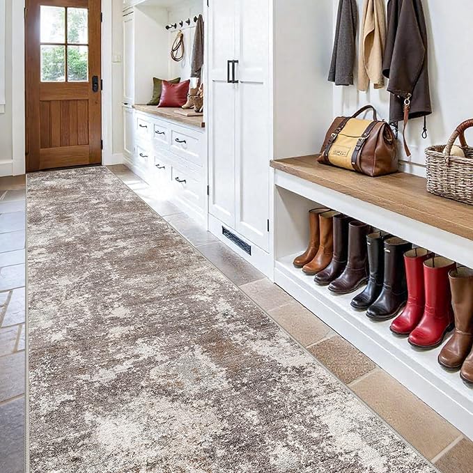 3x16 ft Non-Slip Hallway Runner Rug – Washable Rubber Backed Large Carpet Runner for Hall, Kitchen Floor, Entryway, Bedroom, Living Room – Abstract Modern Neutral Low-Pile Thin (Brown Beige, 3x16)