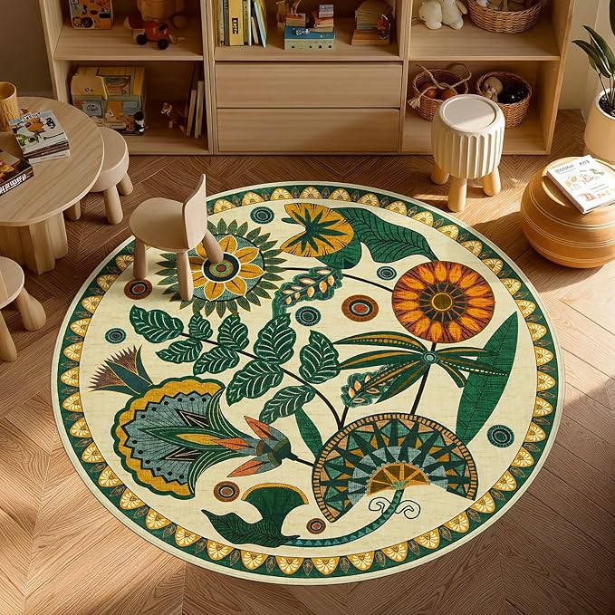 Joydeco Egypt Floral Boho Round Rugs 6FT, Washable Circle Area Rug for Bedroom Living Room Playroom, Vintage Beige Non Slip Circular Throw Carpet for Nursery Dorm Classroom Dining Room