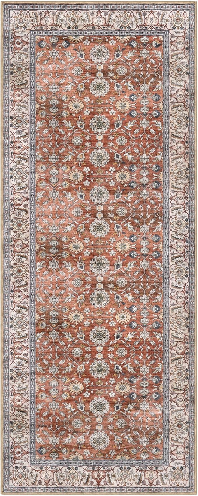 KUTA Runners for Hallways 2x5 ft, Vintage Floral Rug Non-Slip Washable Kitchen Rugs Red Clay Ultra Thin Soft Printed Distressed Flower Carpet Entryway Rugs for Bedroom Laundry Nursery