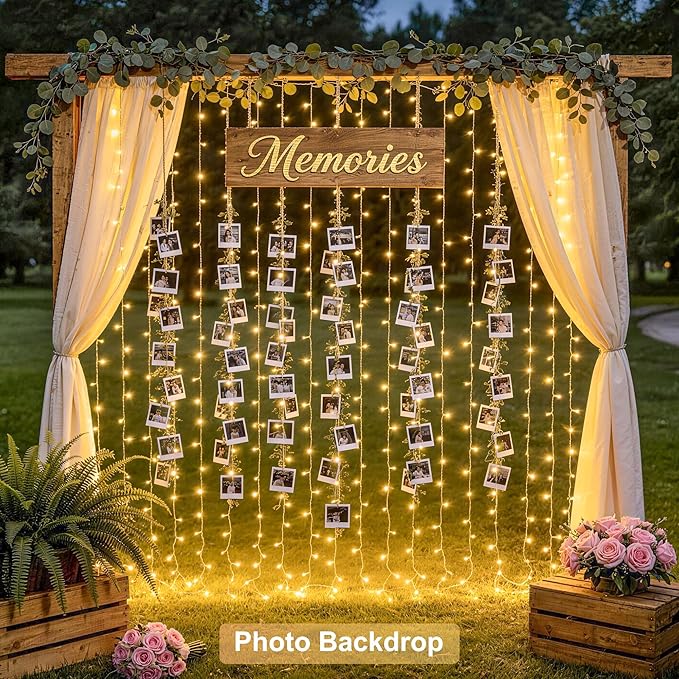 JMEXSUSS 300 LED Remote Control Curtain Lights, Plug in Fairy Curtain Lights Outdoor, Window Wall Hanging String Lights for Bedroom Indoor Dorm Backdrop Wedding Party Patio Christmas Decor, Warm White