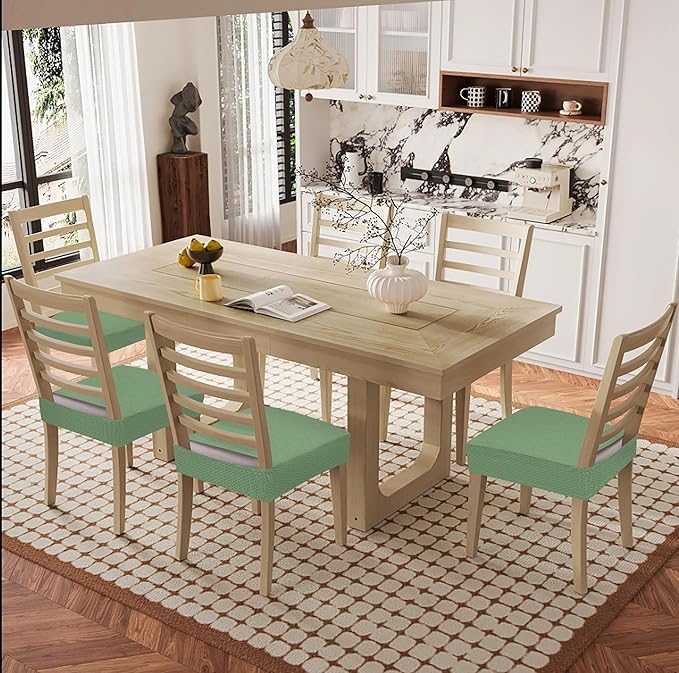 Smiry Waterproof Seat Covers for Dining Room Chairs Set of 6, Stretch Jacquard Removable Washable Chair Seat Slipcovers Protector, No Rear Covers, Green