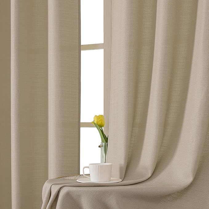 Chyhomenyc Camel Curtains 96 Inch Length 2 Panels, Faux Linen Textured Semi Sheer Airy Light Filtering Soft Privacy Farmhouse Curtain Drapes for Living Room Bedroom, Each 40" Wx96 L
