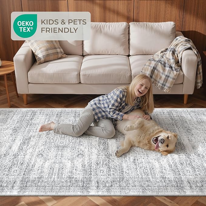 4x8 Rug for Bedroom,Wide Runner Rug for Hallway, Non Slip Washable Runner Rug for Living Room, Low Pile Soft Entryway Kitchen Rug, Modern Home Decor Mat for Dining Room(4'x8', Grey/Ivory)