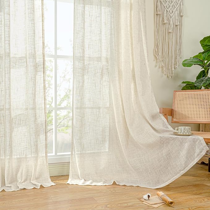 LAMIT Short Kitchen Linen Curtains 30 Inch Length for Small Windows, Cream Ivory Semi Sheer Light Filtering Panels Back Tab and Rod Pocket Cafe Drapes for Half Window, 2 Panels, 25 x 30 Inch