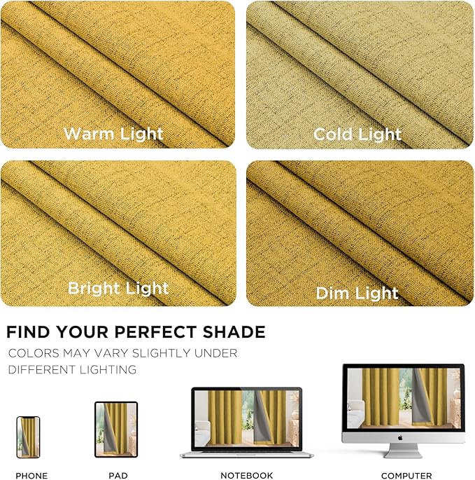 Joydeco Blackout Curtains for Bedroom - 100% Light Blocking 2 Panels Set Yellow Drapes 42" W x 84" L, Thermal Insulated Room Darkening Curtains, Linen Textured for Living Room, Rod Pocket & Back Tabs