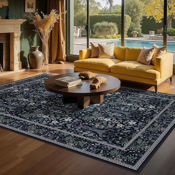Joydeco Washable 6x9 Area Rugs for Living Room, Large Floral Black Rug for Bedroom Non Slip,Soft Vintage Distressed Stain Resistant Indoor Floor Throw Carpet for Dining Home Office