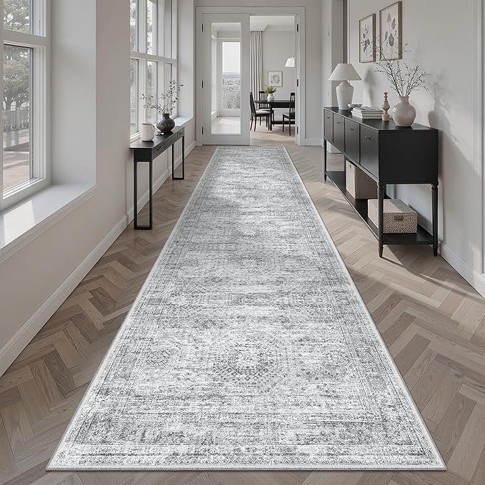 Soalmost Runner Rug 2'6" x 10' Washable Non-Slip Runner Rugs for Kitchen Bathroom Laundry Room Vintage Ultra Thin Runners for Hallway Entryway Grey