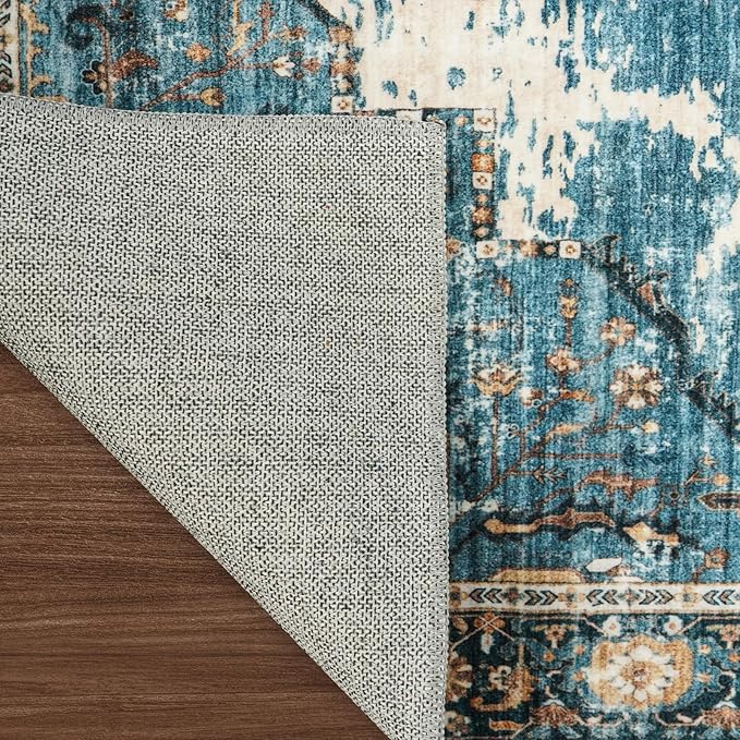 RUUGME 10x12 Area Rug Washable - Vintage Lightweight Rugs for Bedroom Soft Area Rugs for Living Room Stain Resistant Carpet with Non Slip Backing Indoor Ultra-Thin Rugs Home Decor 10x12 Blue