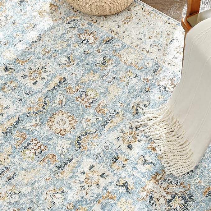 jinchan Runner Rug 2x6 - Hallway Rug Kitchen Washable Runner Vintage Floral Boho Lightweight Thin Non-Slip Retro Distressed Carpet for Entryway Bathroom Bedroom Laundry Room Light Blue