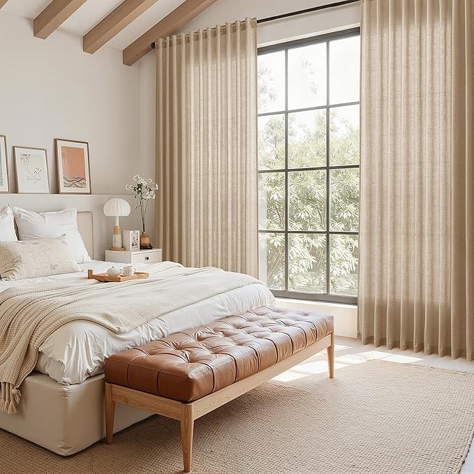 Nanspring Sand Beige Curtains 96 Inches Long for Living Room Flax Linen Light Filtering Luxury Simple Modern Semi Curtains Back Tab Privacy Semi Sheer Curtain for Bedroom Office 52x96, 2 Panels