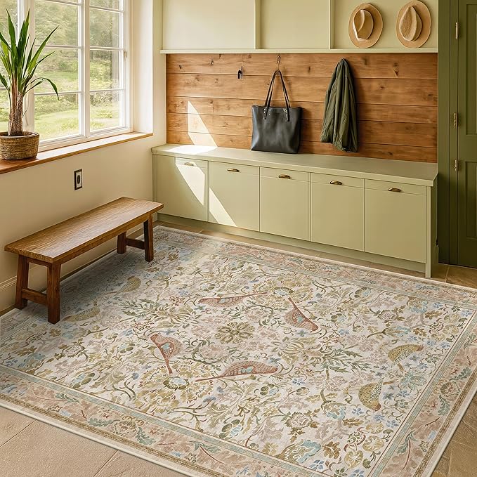 Hazo Haus Washable Area Rugs 5x7 for Living Room - Boho Cottagecore Earthy Rugs for Bedroom, Dining Room, Office with Vintage Beige Taupe Botanical & Bird Pattern, Non Slip Stain Resistant Low Pile