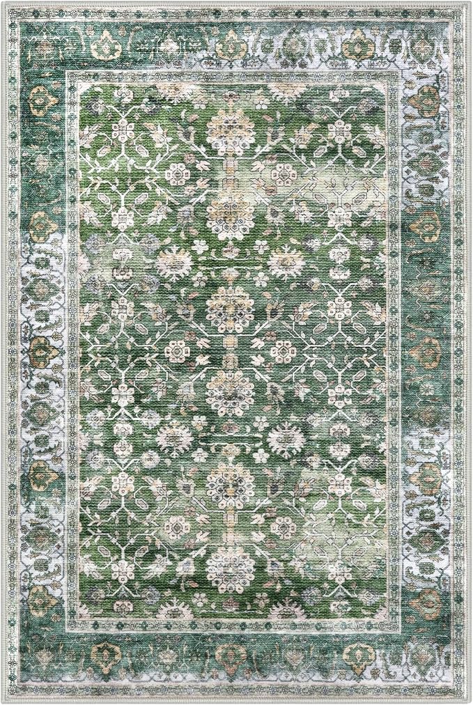 KUTA Vintage 8x10 Area Rugs for Living Room, Green Washable Large Rug for Bedroom 8ft x 10ft Non-Slip, Ultra Thin Soft Printed Traditional Floral Medallion Distressed Dining Room Low-Pile Carpet